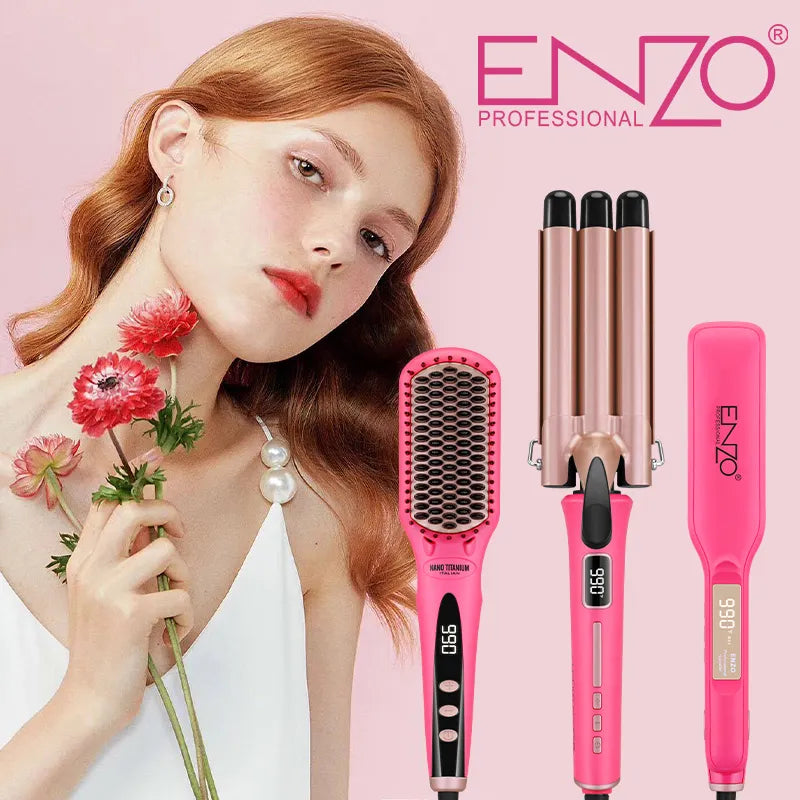 ENZO Professional 3-Piece Hair Styling Set β Brush, Straightener & 2-in-1 Triple Curler