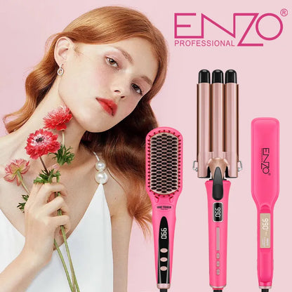 ENZO Professional 3-Piece Hair Styling Set – Brush, Straightener & 2-in-1 Triple Curler