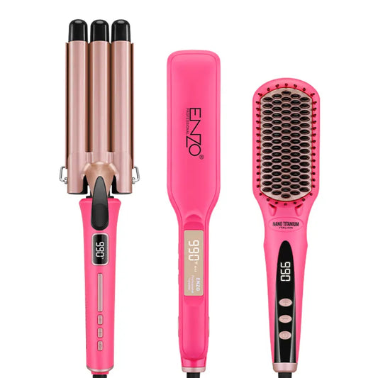 ENZO Professional 3-Piece Hair Styling Set – Brush, Straightener & 2-in-1 Triple Curler