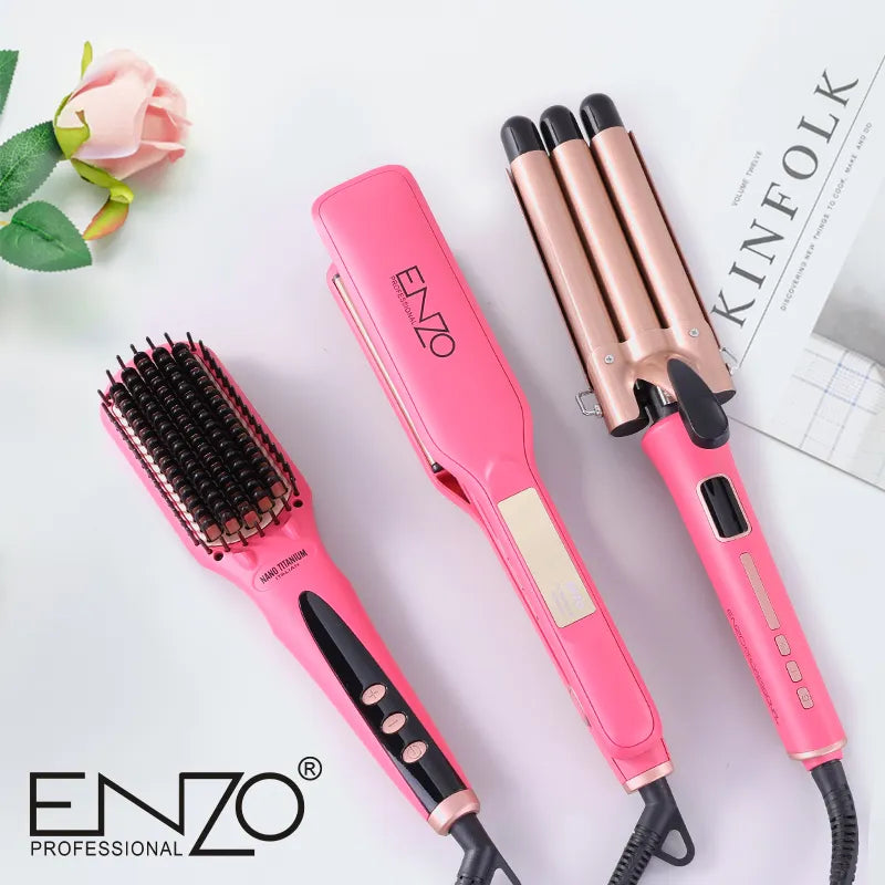 ENZO Professional 3-Piece Hair Styling Set – Brush, Straightener & 2-in-1 Triple Curler