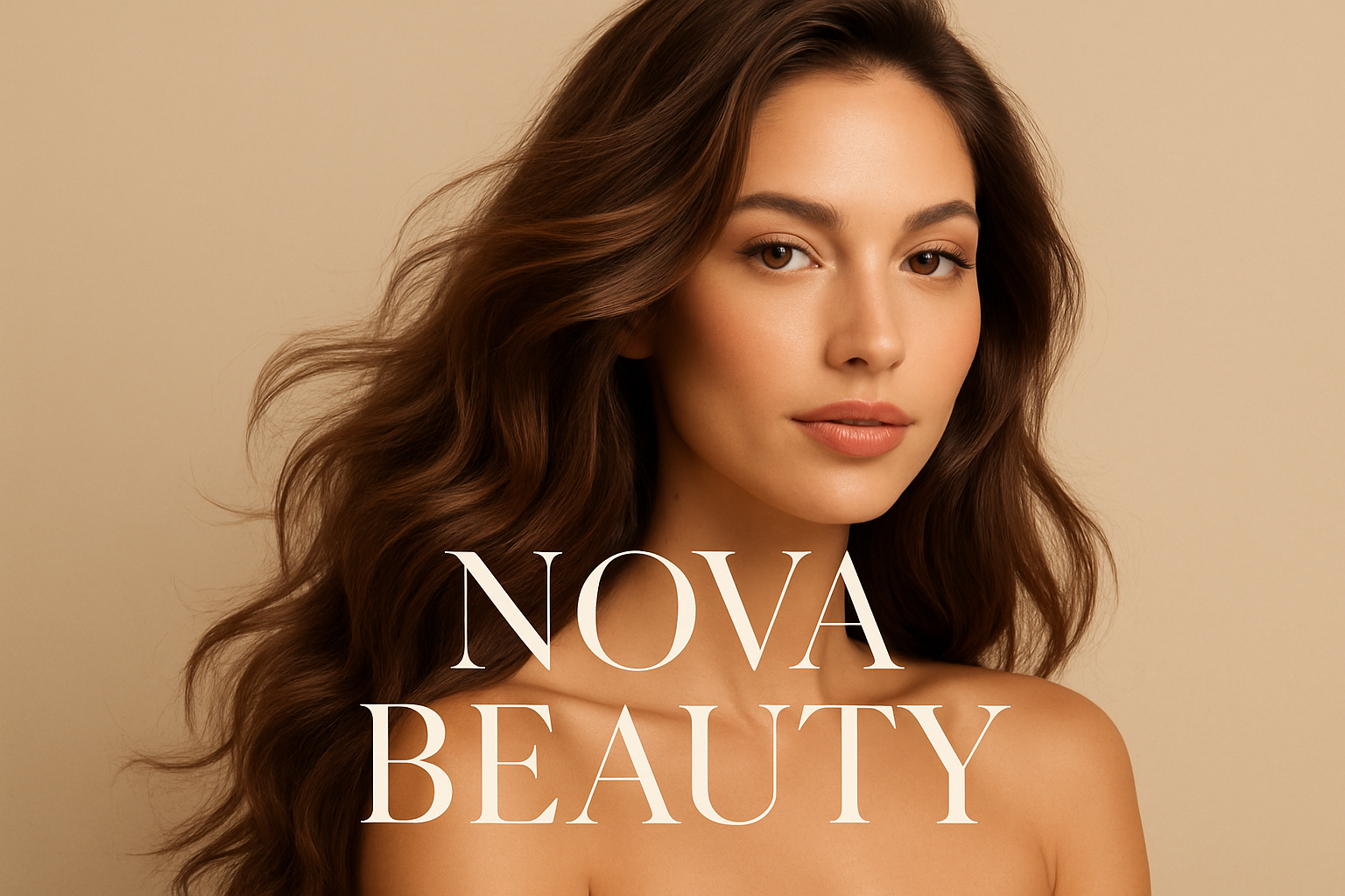 Woman with long, wavy hair against a beige background with 'Nova Beauty' text.

